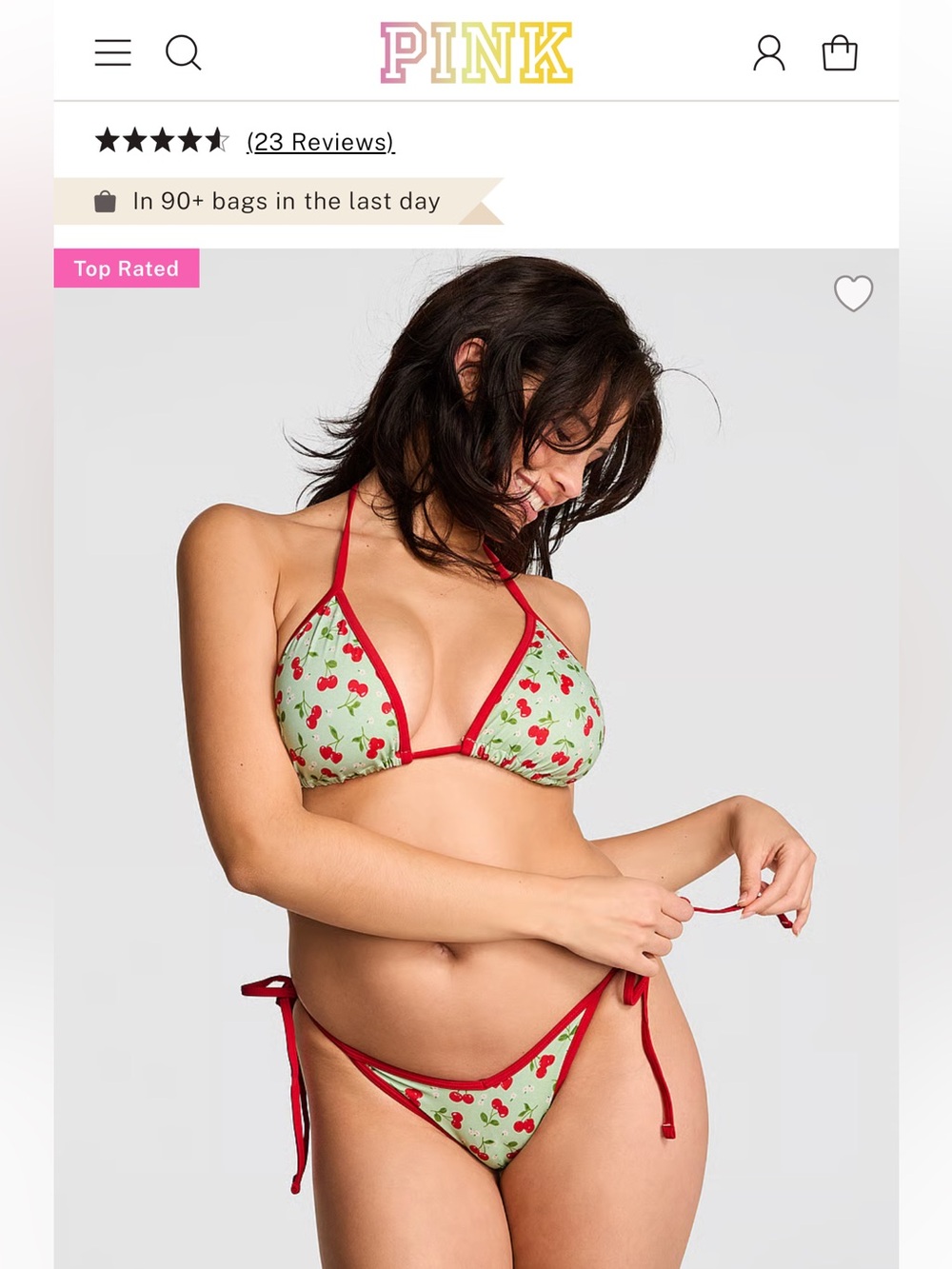 Frankie's Bikinis Cherry Print Triangle Bikini in Mint and Red SMALL - Picture 2 of 8